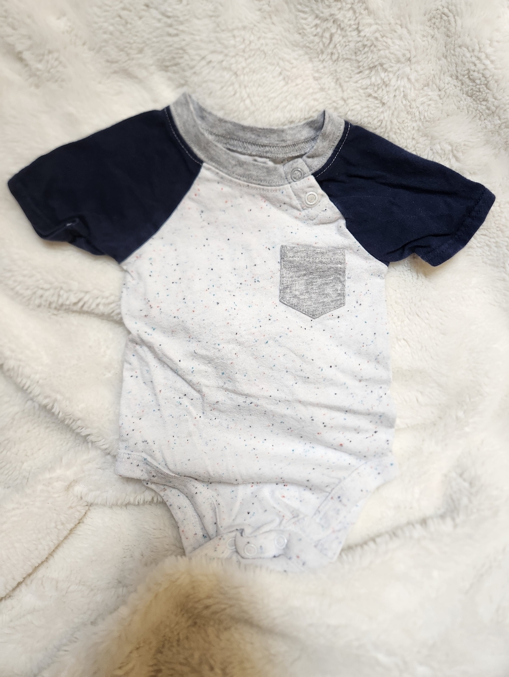 Bodysuit in White Multi-colored Speckles with Navy Sleeves 5 For $20 Bundle